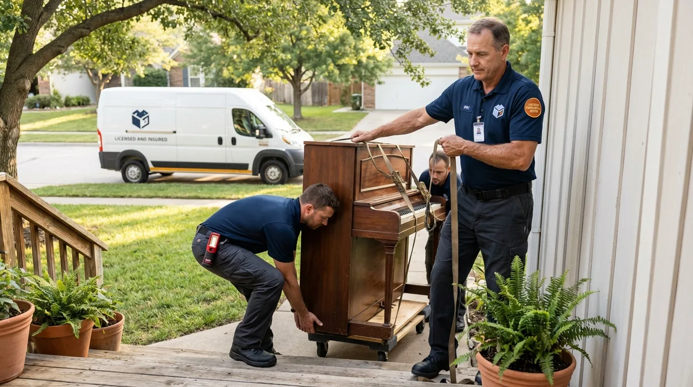 Licensed piano movers securing grand piano in Mayville, NY