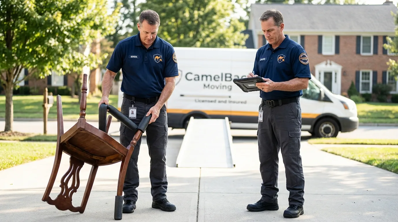 Movers inspecting furniture for damage prevention before loading in Mayville, NY