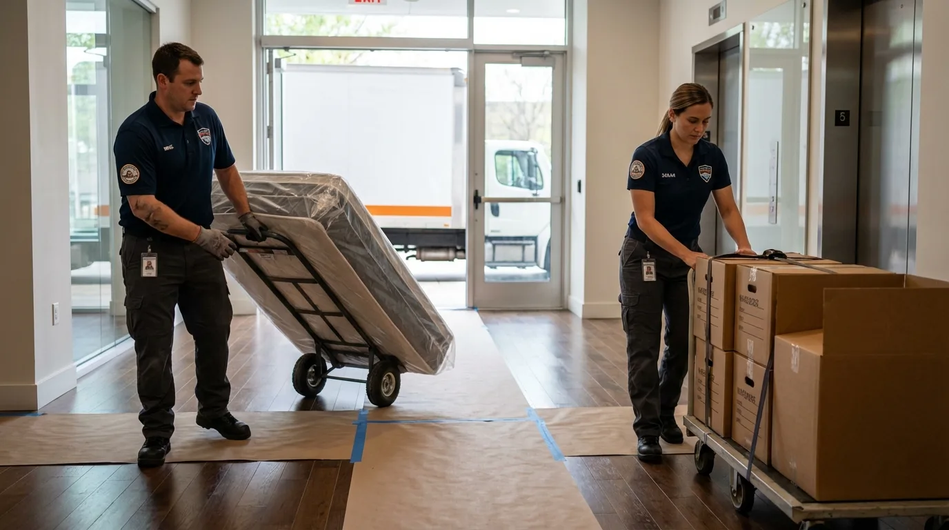 Professional apartment movers loading elevator in Mayville, NY