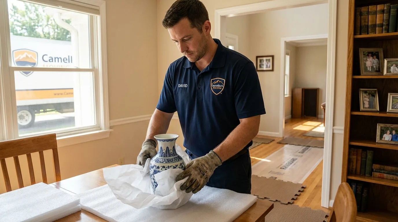 Professional crew carefully wrapping antique vase for senior downsizing move in Mayville, NY