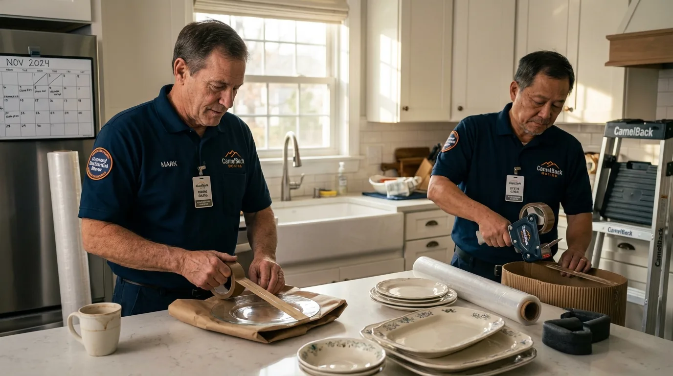 Professional crew packing kitchen dishware in Mayville, NY